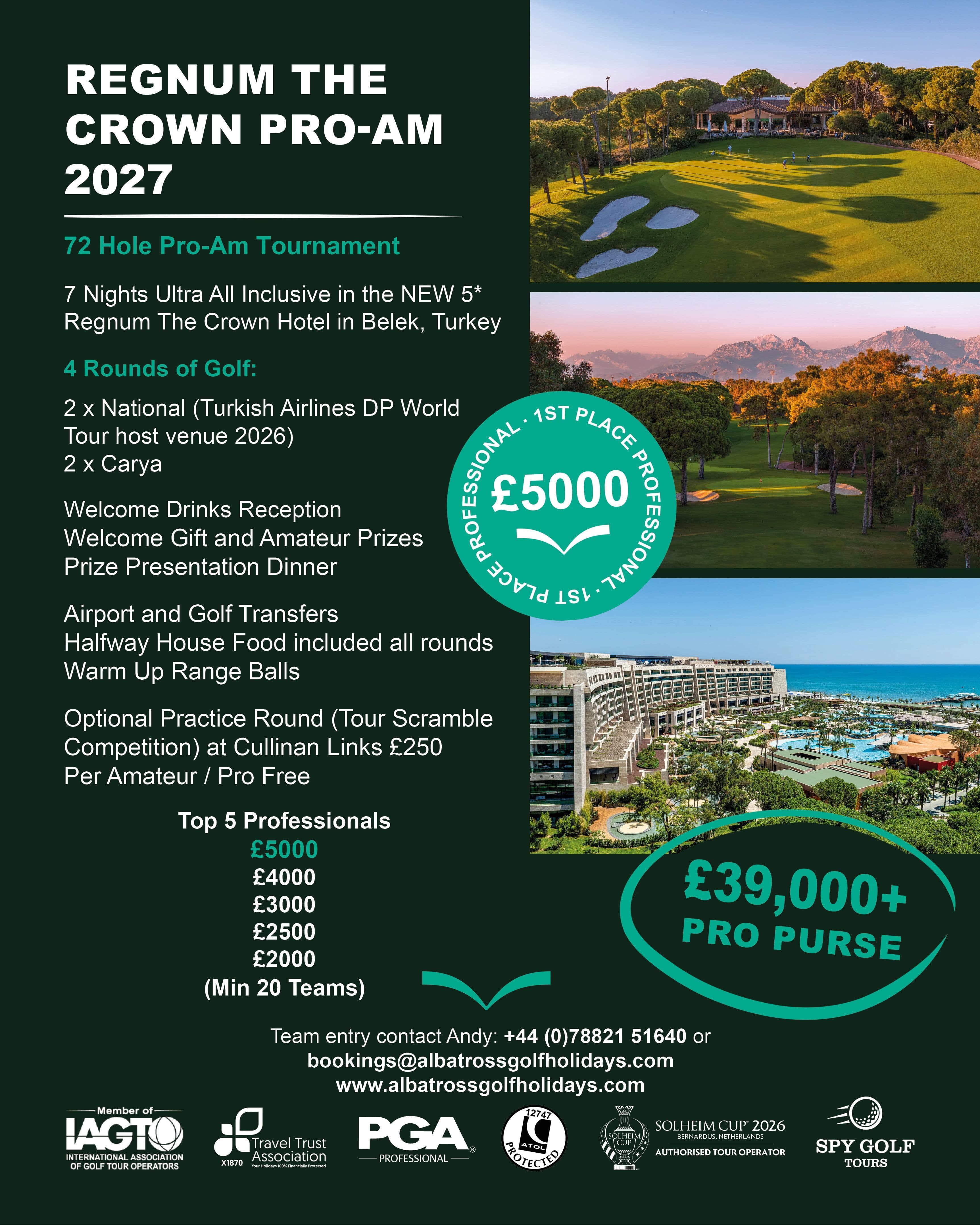 Promotional poster for Regnum the Crown Pro-Am 2027, featuring bold tournament title text and graphic design elements on a clean background