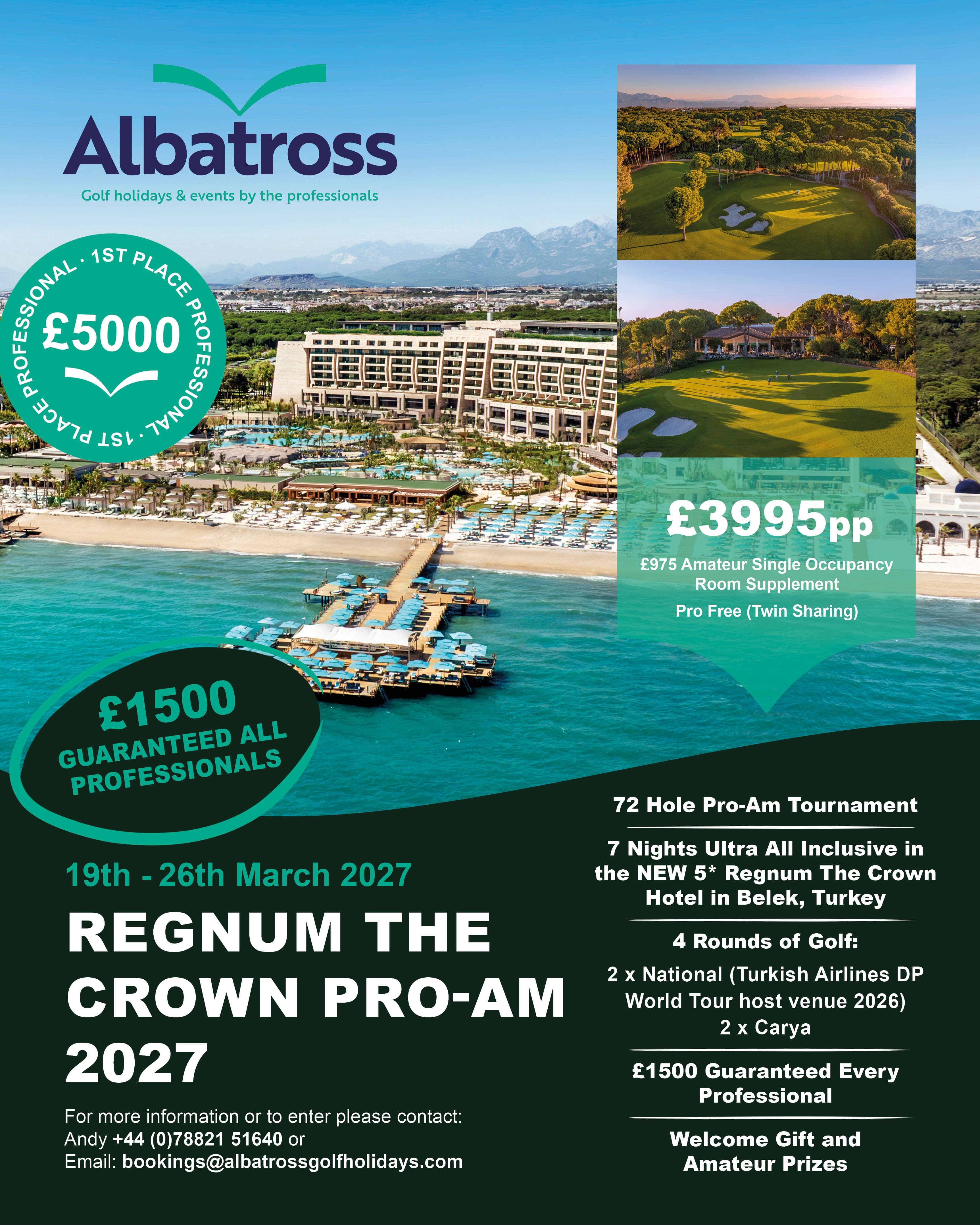Event graphic for Regnum the Crown Pro-Am 2027 golf tournament, featuring bold title text and a stylized crown-themed sports design